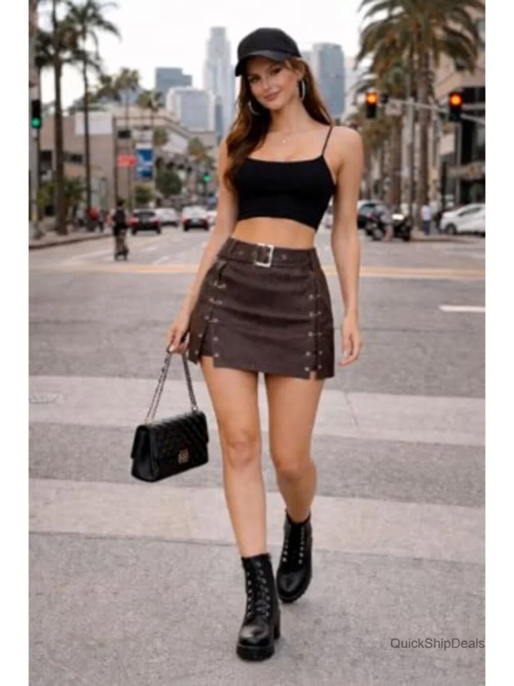Faux Suede Bodycon Mini Skirt with Buckle Straps